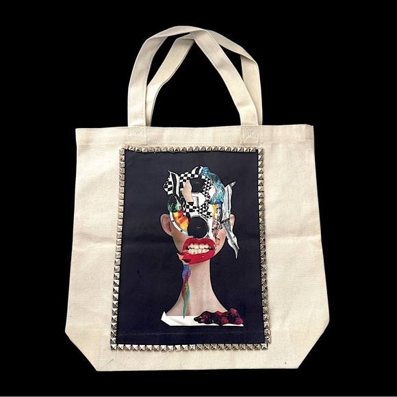 One of a kind custom Custom Tote Bag embellish with stud and my original artwork - Picture 4 of 9